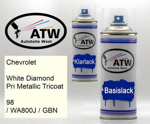 Chevrolet, White Diamond Pri Metallic Tricoat, 98 / WA800J / GBN: 400ml Sprühdose + 400ml Klarlack - Set, von ATW Autoteile West.